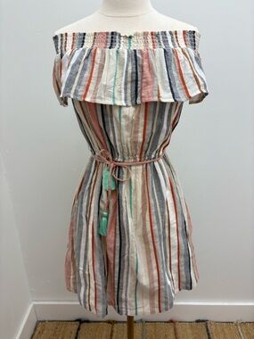 THML Striped Off-Shoulder Dress in Cream, Rust, Navy & Mint